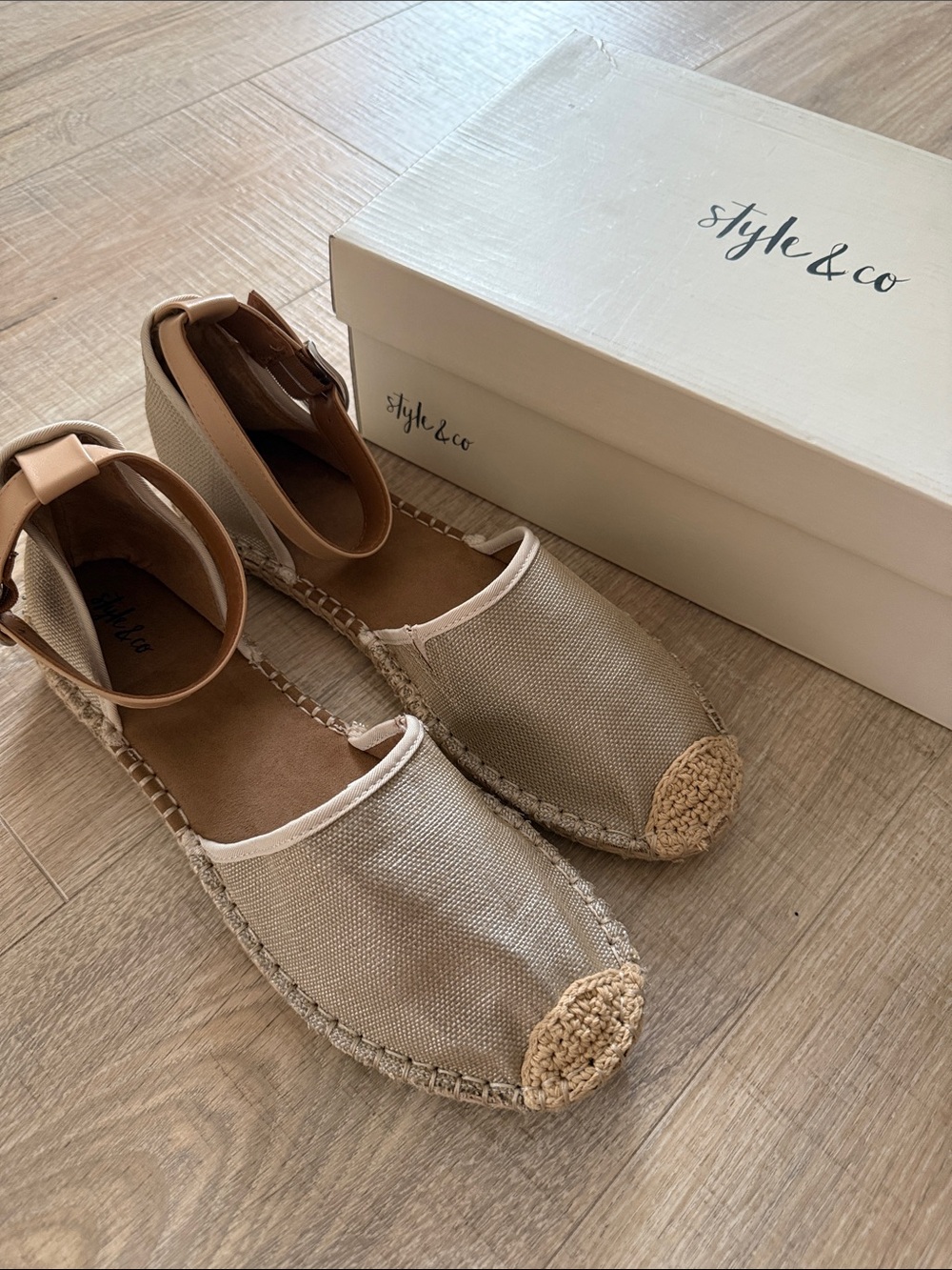 Style & Co. Beige Canvas Espadrilles with Tan Ankle Strap